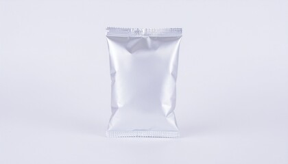 Obraz premium Blank Silver Foil Pouch Packaging Mockup Isolated on White Background.