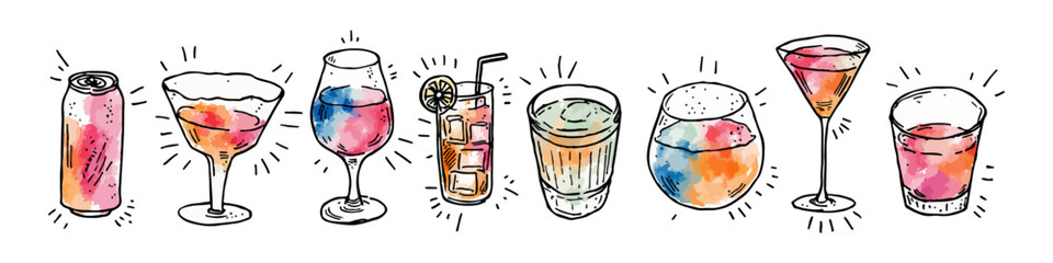 Hand Draw Sketch Cocktail Glasses Set. Wine Doodle Art. Sketch Vector Illustration of Wine Glasses Icons in Minimalist Style. Line Art Party Illustration for Social Media, Menu, Party, Invitation