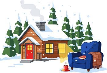 Naklejka premium Rustic wooden cabin nestled in a snowy pine forest with outdoor seating