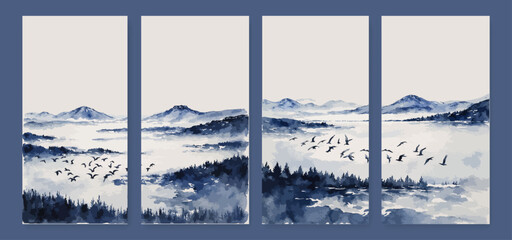 Minimalist Poster Set in Blue Color. Collection of Posters with Mountains for Wall Art, Cover, Postcards, Branding, Banner Design. Watercolor Card Set. Mountain Background Template in Watercolor Style