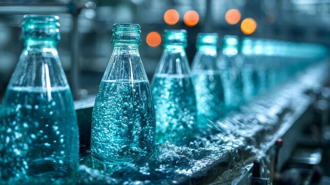Sparkling water bottles moving on factory production line