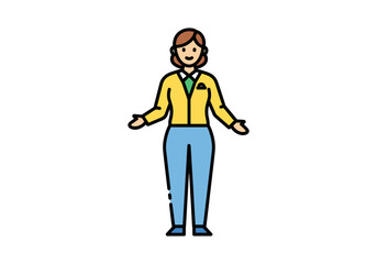 Obraz premium Friendly cartoon woman in yellow jacket and blue pants with open arms