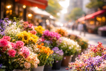 Obraz premium Vibrant flower market with colorful blooms in the sunlight