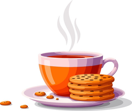 Warm cup of herbal tea served with a stack of chocolate chip cookies
