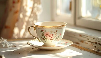 Fototapeta premium Exquisite Hand-Painted Porcelain Teacup with Delicate Floral Motifs and Gilded Rim, Resting on Saucer