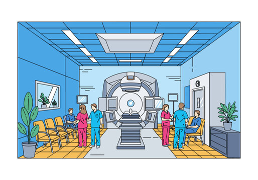Medical professionals and patients in a modern radiation therapy treatment room with linear accelerator