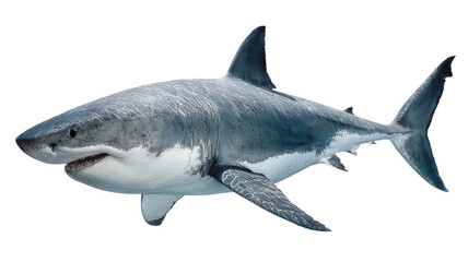 Obraz premium A powerful great white shark predator with sharp teeth and a grey fin swims isolated on a white background in this marine wildlife nature illustration