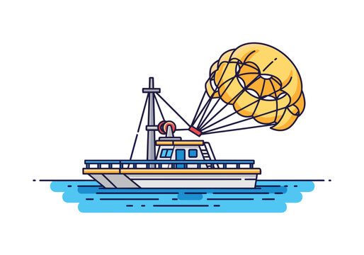 Parasailing boat with yellow parachute on blue water, vector illustration