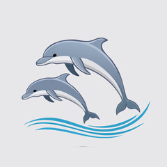 Obraz premium Two playful dolphins leaping from the ocean waves, a charming cartoon illustration.