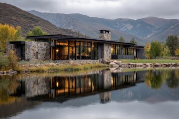 Obraz premium A contemporary structure situated by the lakeside casts its reflection on the water, framed by a cloudy sky and the majestic mountains in the background.