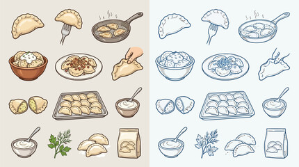Collection of illustrations depicting various stages of preparing and serving pierogi, a traditional Eastern European dumpling.