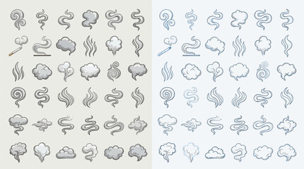 Collection of stylized smoke and cloud illustrations in various shapes and forms, presented in two distinct color palettes. © renender