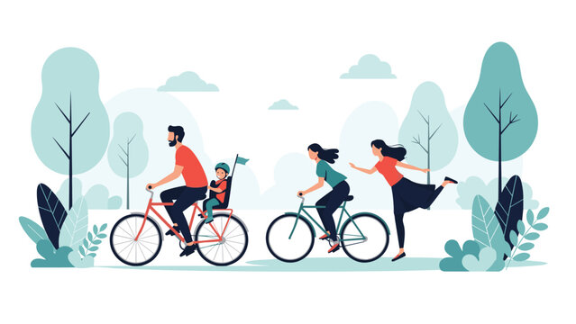 Active family enjoying a sunny day cycling through a green park with a young child in a safety seat on the back of a bike.
