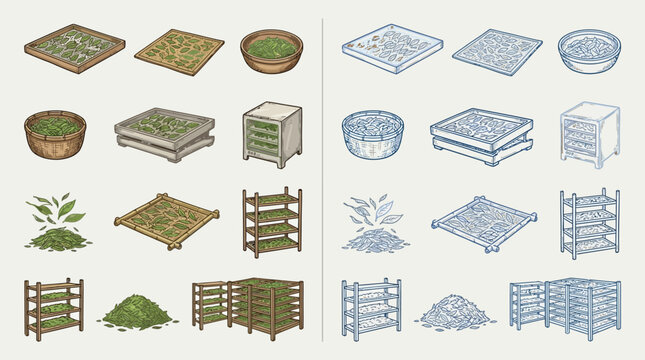 Illustration of various drying racks and trays for agricultural products, including stacked shelves and flat surfaces with piles of green material.
