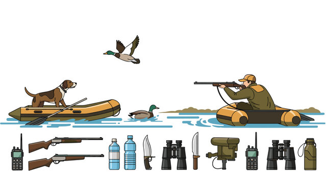 Hunter sits in an inflatable boat with his dog and various hunting equipment icons including rifles binoculars and water bottles.