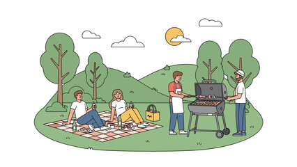 Fototapeta premium Group of happy friends enjoying picnic on grass and grilling meat on barbecue in public park under sunny sky with green hills and trees.