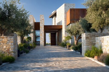 Fototapeta premium Modern house with stone and metal design located in a sunny area surrounded by olive trees and plants in the front yard during daytime