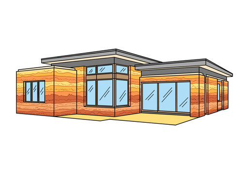 Modern rammed earth house with large windows and flat roof design