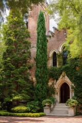Obraz premium A charming brick building, surrounded by tall trees and lush greenery, stands at the entrance, creating a picturesque scene in a serene, nature-filled area during the daytime