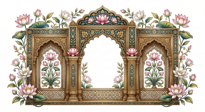 An ornate golden toned mughal archway decorated with pink lotus flowers and lush foliage on transparent background