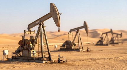 Pumpjack, F&ouml;rderpumpen auf einem &Ouml;lfeld in der W&uuml;ste, Generative AI