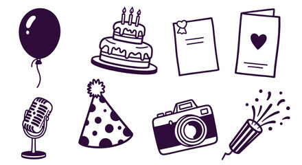 Fototapeta premium Birthday Party Celebration Icons Set with Balloon Cake Camera and Confetti