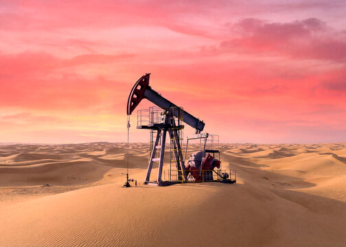 Silhouetten von F&ouml;rderpumpen auf einem &Ouml;lfeld in der W&uuml;ste am Abend bei Sonnenuntergang, Generative AI