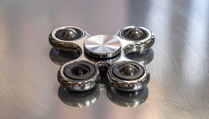 Obraz premium Metallic fidget spinner with three lobes and circular bearings on smooth surface, reflective finish, water droplets nearby, symbolizing focus, relaxation, and playful stress-relief design.