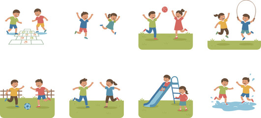 Obraz premium Cartoon children playing hopscotch, soccer, jump rope, and slide in joyful outdoor activity design