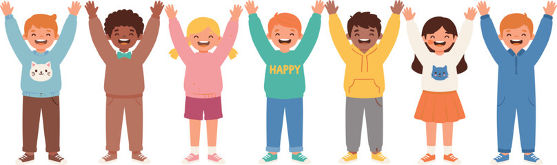 Cartoon children standing with raised arms, colorful outfits, and joyful expressions in cheerful celebration design