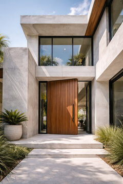 Modern entrance of a stylish house with wooden door