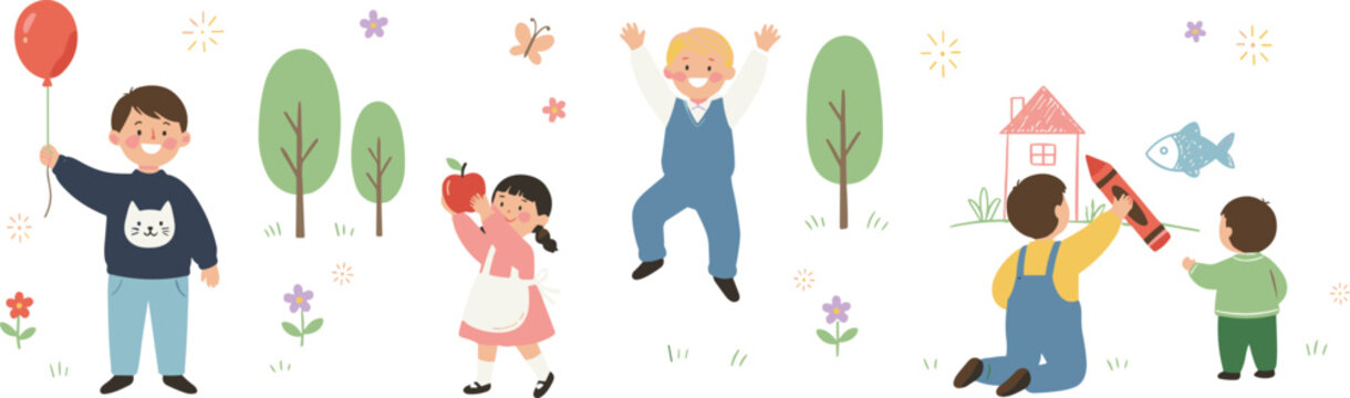 Cartoon children playing outdoors with balloon, apple, crayon drawings, trees, flowers, and cheerful creative design