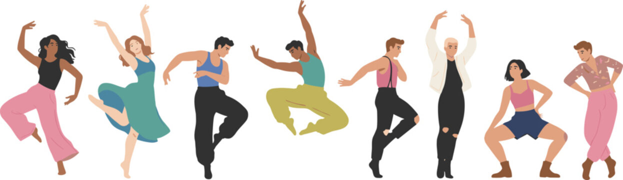 Cartoon diverse dancers in colorful outfits striking energetic poses in joyful creative dance celebration design