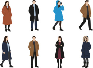 Cartoon diverse people in winter coats and jackets showcasing seasonal fashion and outdoor clothing design © Creative design