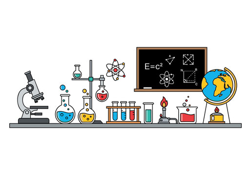 Science laboratory equipment and symbols for education and research concepts