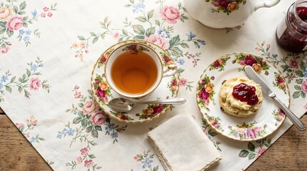 Fototapeta premium Traditional British Afternoon Tea with Scones and Floral China