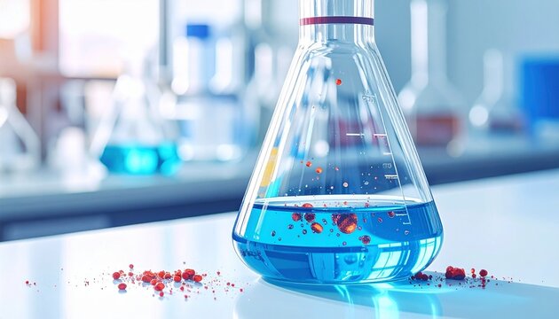 Chemistry lab scene with Erlenmeyer flask of blue liquid and red particles, surrounded by colorful solutions in beakers and flasks, microscope in background symbolizing scientific experimentation.