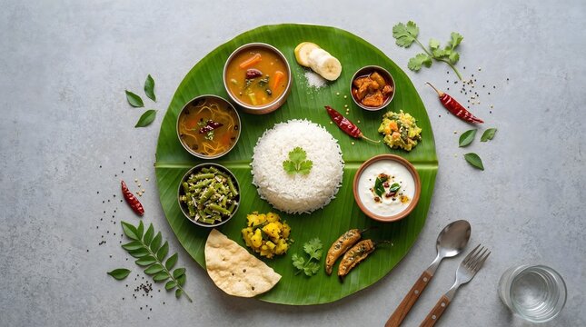 Traditional South Indian Thali on Banana Leaf Overhead