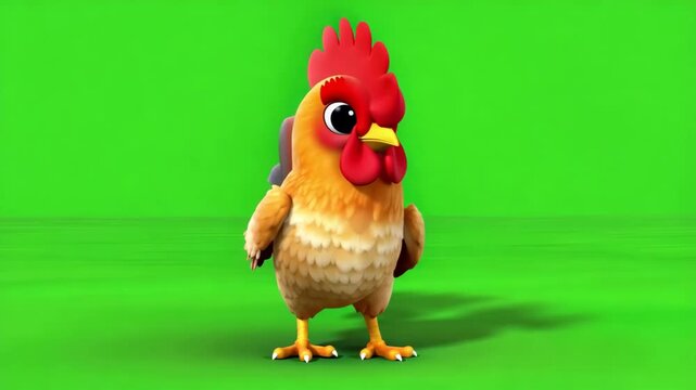 Colorful Cartoon Rooster Standing Proudly Against Bright Green Background