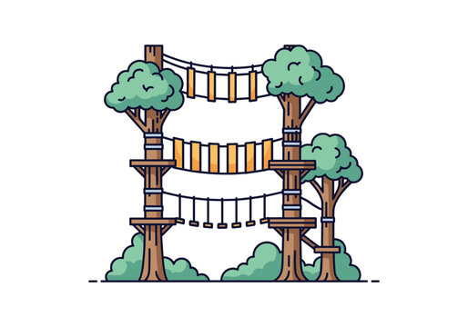 Adventure park with rope bridges and platforms built between trees for outdoor recreation