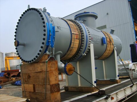 shell and tube heat exchanger on transport trailer at factory