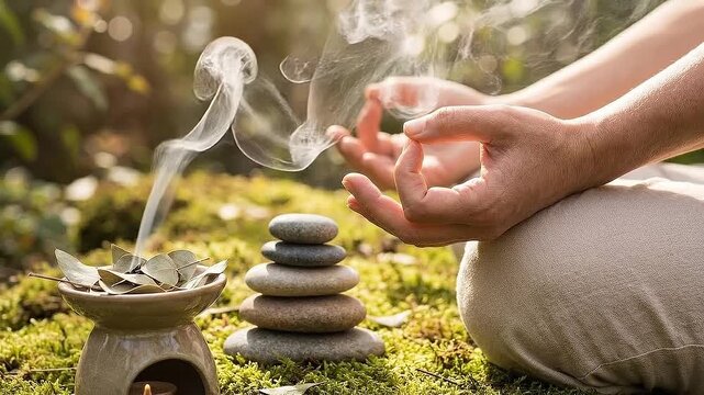 Mental health zen stone aromatherapy meditation calm nature smoke hand mindfulness balance relaxation scene supports gentle healing inner peace outdoors moss forest yoga mudra incense steam herb