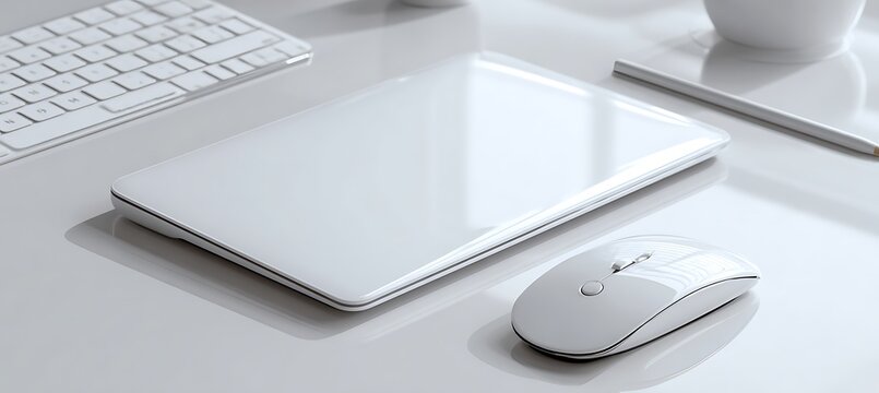 Modern workspace setup featuring a sleek laptop and accessories on a clean white desk surface