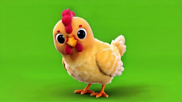 Cartoon Chicken Character with Fluffy Yellow Feathers and Bright Red Comb on Vibrant Green Background