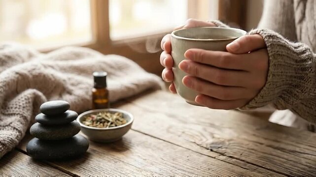 Calm mental health zen stone aromatherapy relaxation scene with warm drink in ceramic cup cozy sweater soft blanket wooden table and window light for balance and inner harmony meditation
