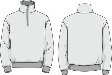 Technical Flat Sketch of a Men's Quarter Zip Fleece Pullover Featuring a High Standing Collar Ribbed Cuffs and Hem for Fashion Design and Tech Packs © JHURUL
