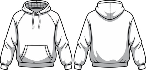 Technical Flat Sketch of a Raglan Sleeve Hoodie Sweatshirt with Kangaroo Pocket Drawstring Hood and Ribbed Trim for Fashion Design and Garment Manufacturing © JHURUL