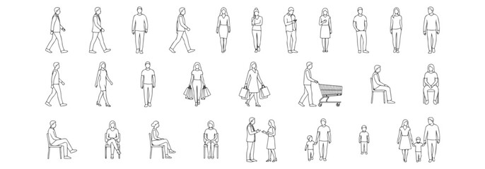 Large collection of people characters in everyday activities walking standing sitting shopping talking family with children minimal thin line vector illustration set for urban lifestyle scenes © MkJutt