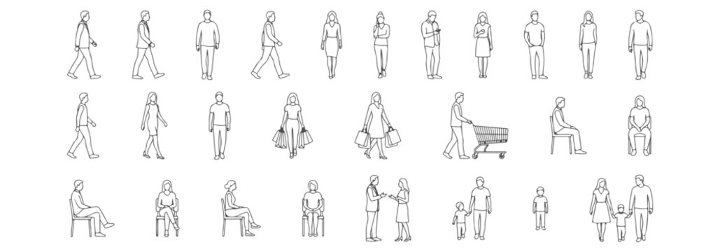 Large collection of people characters in everyday activities walking standing sitting shopping talking family with children minimal thin line vector illustration set for urban lifestyle scenes
