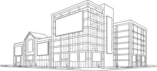 Fototapeta premium Modern commercial office complex 3D perspective elevation featuring glass facades, multiple advertising billboards, and mixed-use urban architecture.